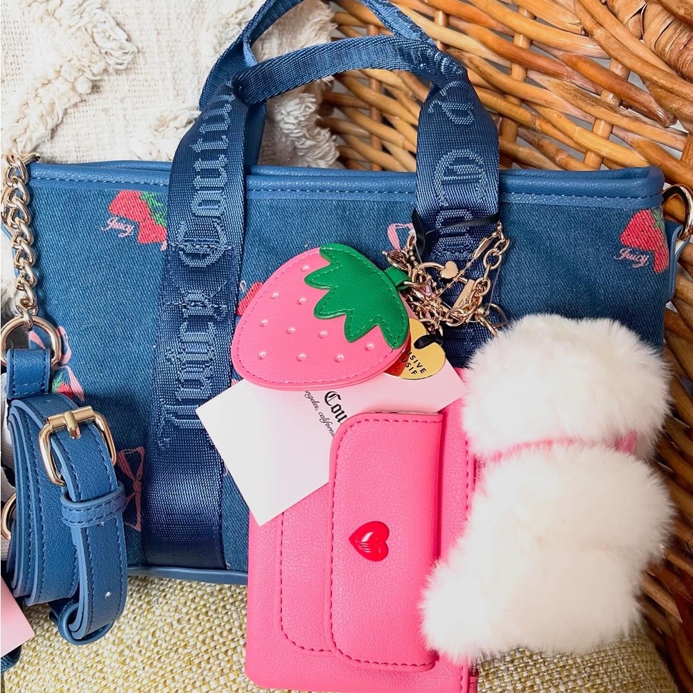 Juicy Couture Denim Strawberry Tote with Pink Wallet Charm and Fuzzy Pom